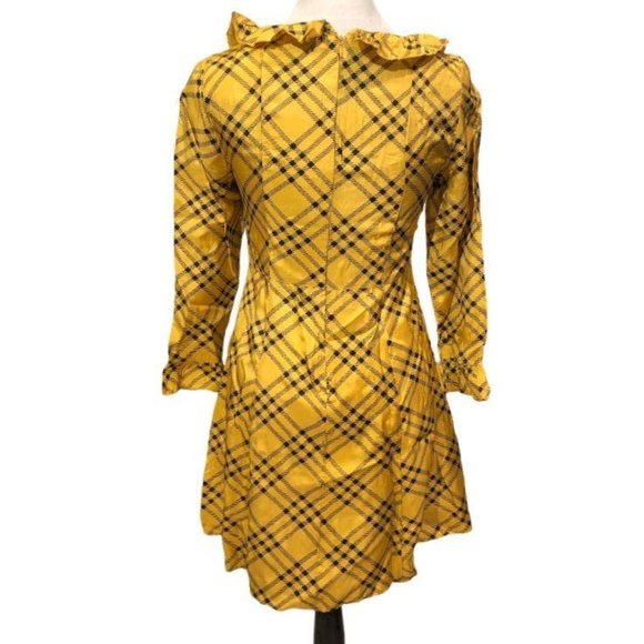 Urban Outfitters Kristen Square Neckline Dress Small Plaid Ruffles Yellow Black - Picture 3 of 5